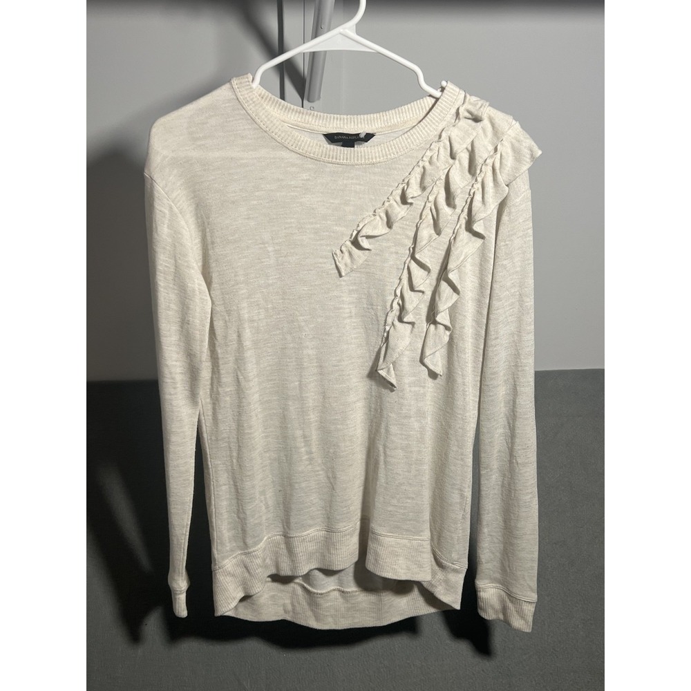Banana Republic Women's Ruffled Crew Neck Pullover Sweater Size S Oatmeal Beige